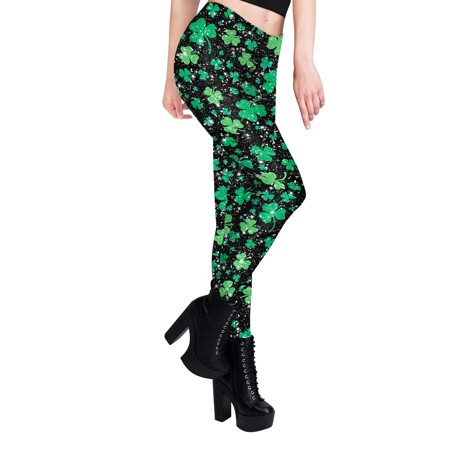 Damen-Leggings, hohe Taille, dünne Push-Up-Leggings, elastische Kleeblatt-Kleeblatt-Druck, irische Festival-Hose