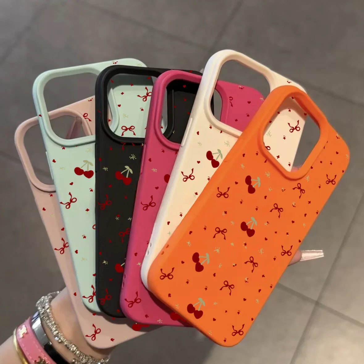 For iPhone 16 15 14 13 12 11 Pro Max Case Cherry Bow Lichee Pattern Silicone Phone Cover For iPhone XS Max 14 15 16 Plus Fundas