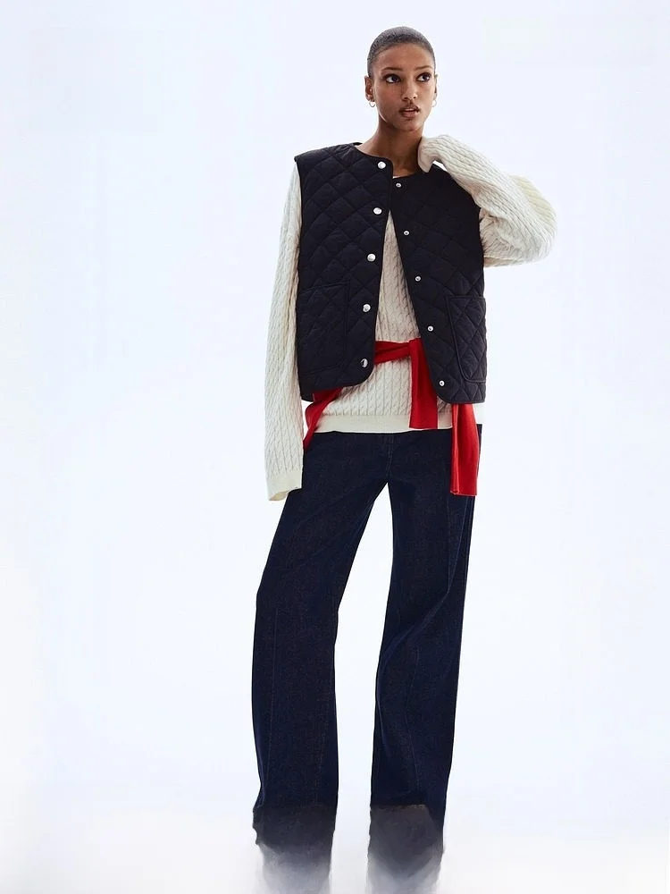 

Женский легкий жилет H&M с круглым вырезом и красной строчкой, весенний, повседневный, для ношения под одеждой, из нейлоновой ткани, укороченный