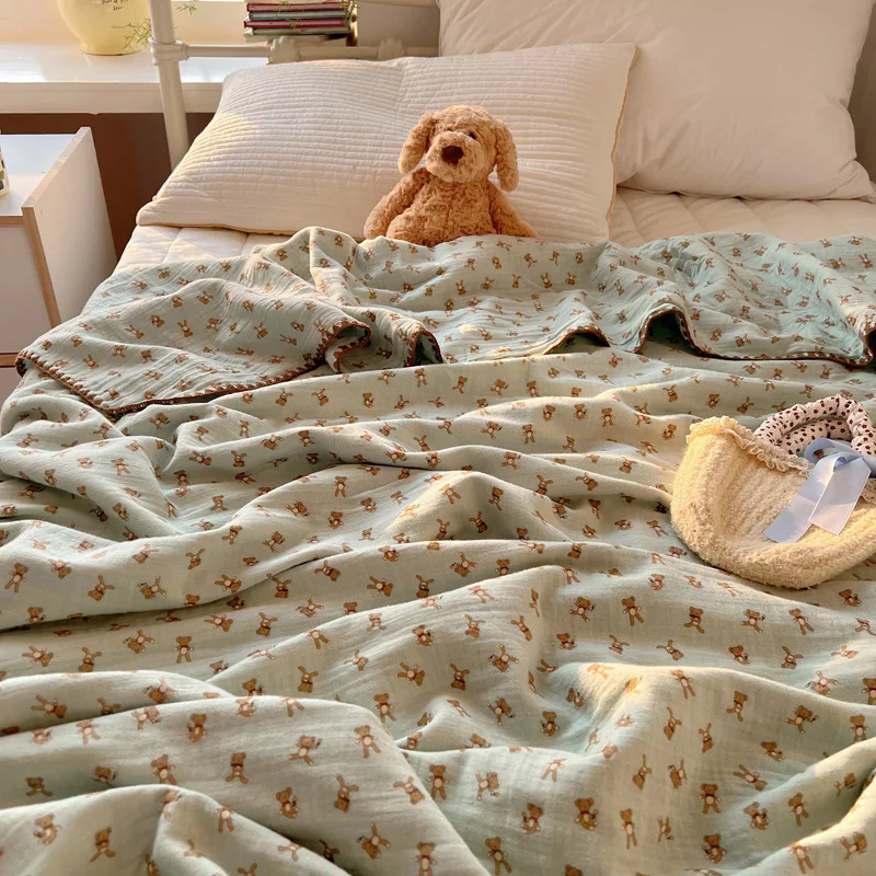 Cotton Double-Layer Gauze Kids Blanket Cute Bear Print Multifunctional Throw Blanket for Kids Beddings Air Conditioner Blanket