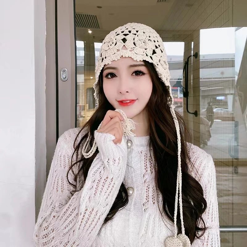 Handmade knitted hat women\'s pure cotton wool crocheted hollow beret hat autumn winter fashion forest outdoor flower pullove hat