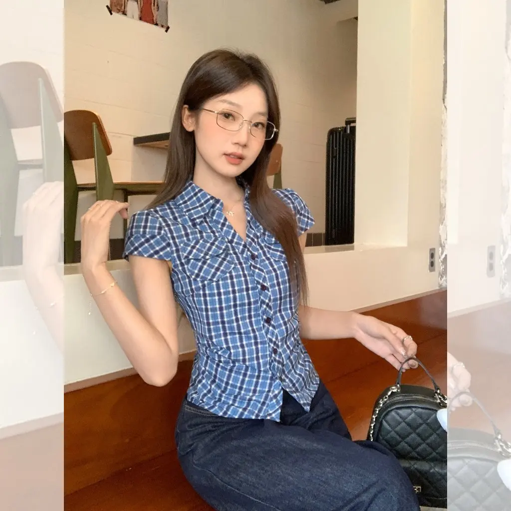 

Women's Slim-Fit Plaid Shirt American Retro Style with Pockets Short-Sleeve Waist-Cinching Summer Design New Top