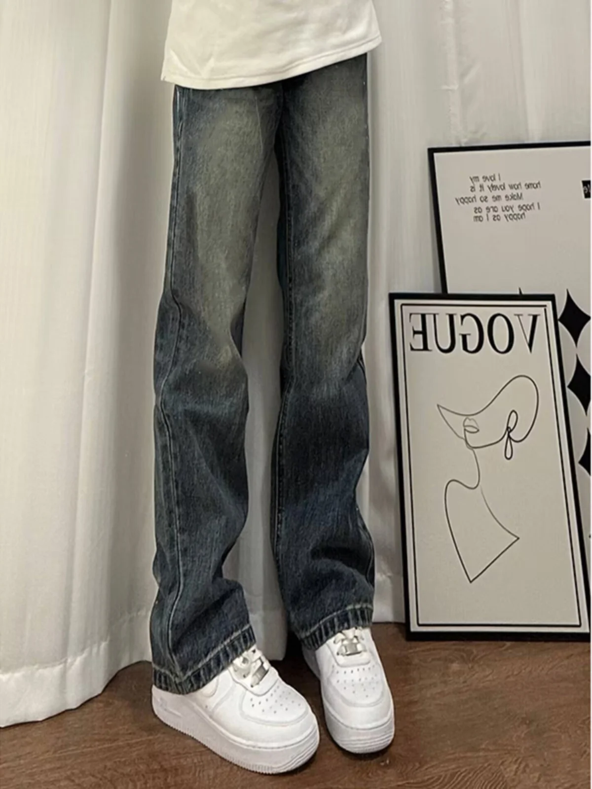 

Blue Fce Lined Straight Leg Men's Jeans Cleanfit American High Street Waed Denim Pants Autumn Winter Faion Youth Trend