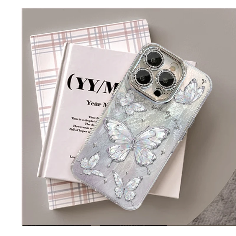 Luxury Laser Silver Butterfly Phone Cases for iPhone 16 Pro Max 11 12 13 14 15 Pro 7 8 Plus XSMax X XR Goggles Shockproof Cover