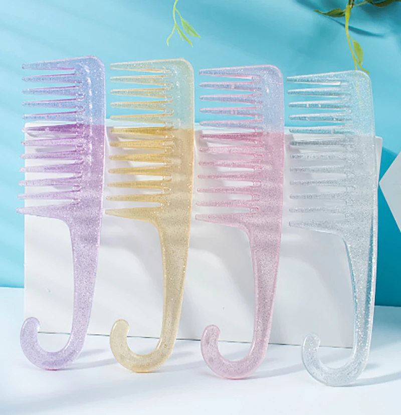4pcs Crystal Plastic Wide Toothed Comb Hook Handle to Reduce Hair Loss Hair Salon Dyeing Styling Brush Special for Real Hair Wig