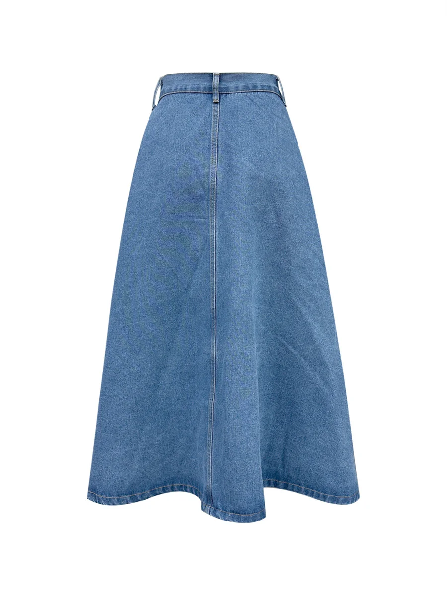 Benuynffy Vintage Button Front Denim Skirt Women's 2024 Autumn Winter Elegant High-waisted Female Big Swing Jean Long Skirts