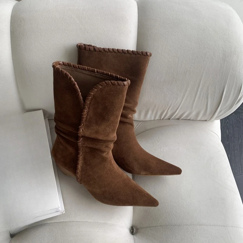 

New Retro Women Shoes Luxury Handmade Suede Mid Calf Boots for Woman French High Heeled Boots Fashion Designer Shoes Botas Mujer