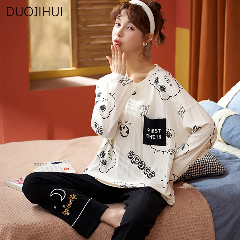DUOJIHUI Two Piece Chic Sweet Printing Simple Pajamas for Women New Fashion Pullover Casual Loose Pant Autumn Female Pajamas Set