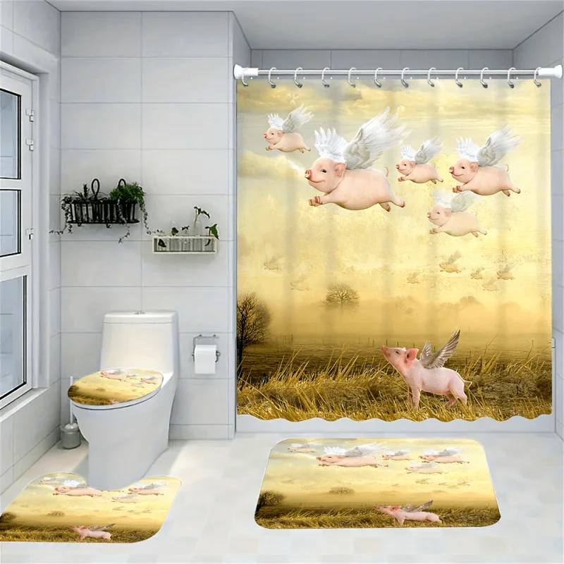 Flying Pig Print Creative Shower Curtain Set - Waterproof Polyester Bath Decor Includes Anti-Slip Rug, Toilet Lid Cover, Bath Ma