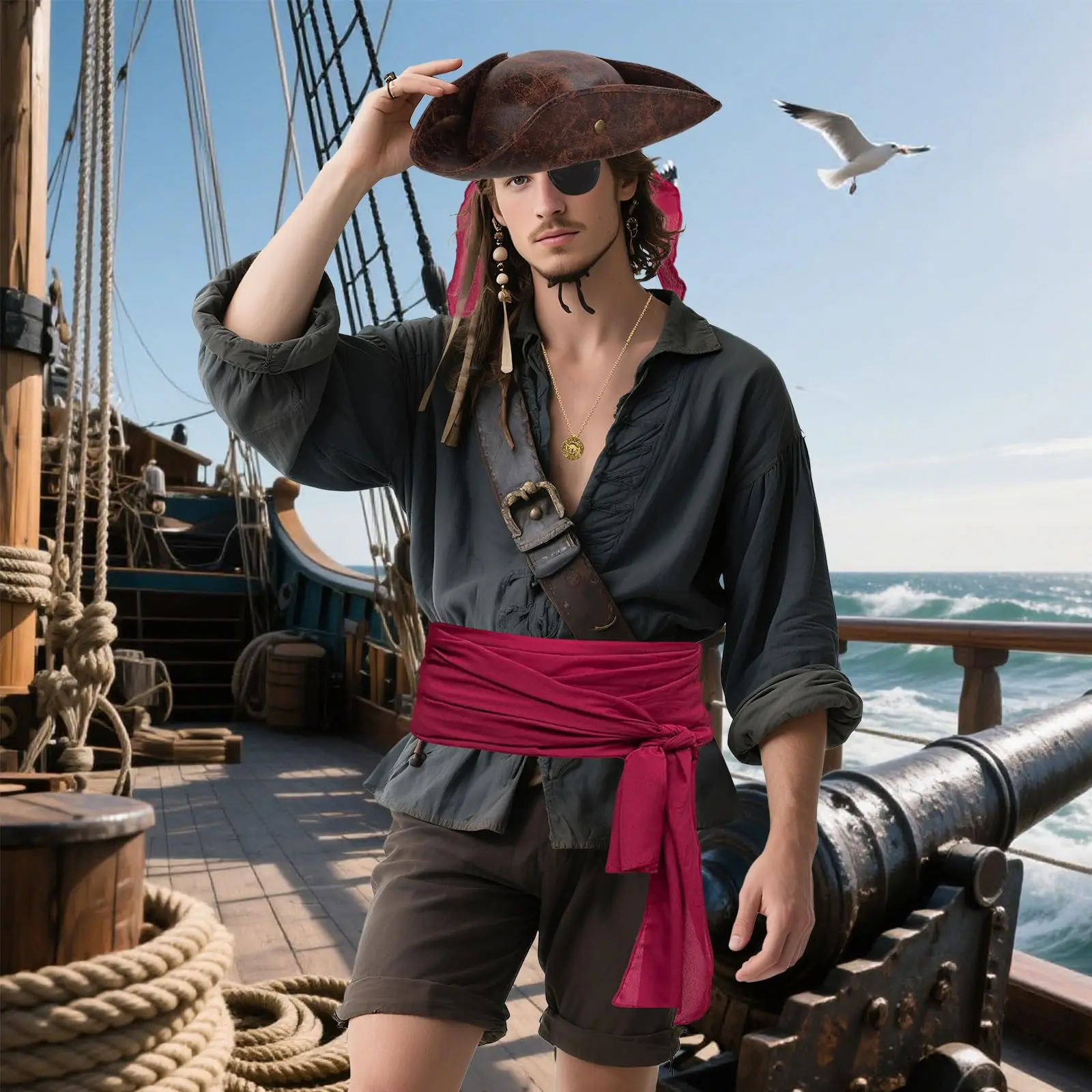 หมวกโจรสลัด ผู้หญิง ผู้ชาย หมวกทรงสามเหลี่ยม หนังเทียม หมวกคอสตูมโจรสลัด ฮาโลวีน คอสเพลย์ อุปกรณ์เสริมสำหรับผู้ใหญ่ ไม่รวมเสื้อผ้า