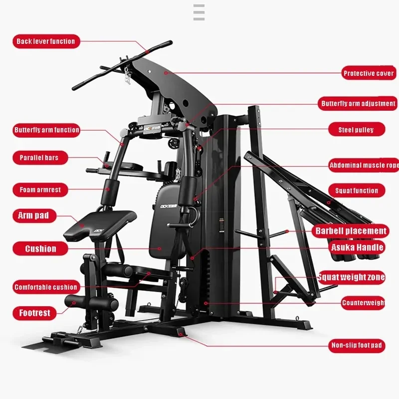 Multifunctional Deep Squat Frame, Chest Clamp, parallel Bars, Pull-up High Position, Pull-down, Three Person Station