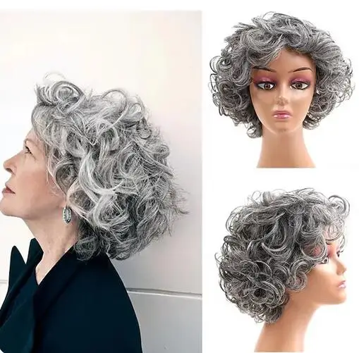 Synthetic Hair Mix Color for Women Heat Resistant Fiber Daily Short Curly Wigs Gray Fluffy Layered with Bangs