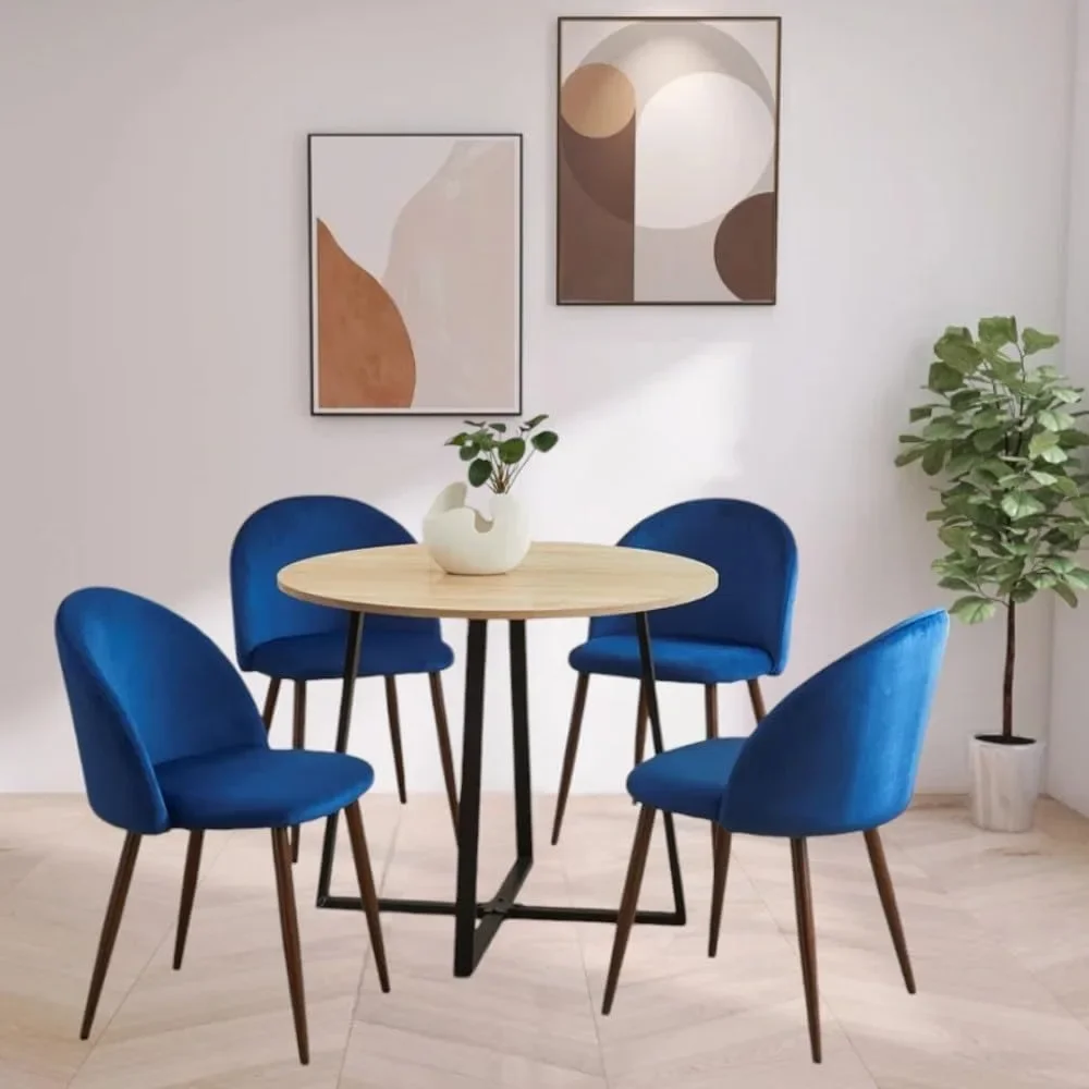 

5-Pieces Modern 35'' Inch Round Natural Wooden Dining Table Set for 4 Comfortable Velvet Chairs, Space Saving Kitchen Furniture