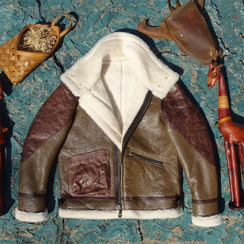 Dark Brown Winter Shearling Jacket Men Vintage Style Plus Size 5XL Genuine Natural Thick Sheepskin Warm Spliced Leather Coat