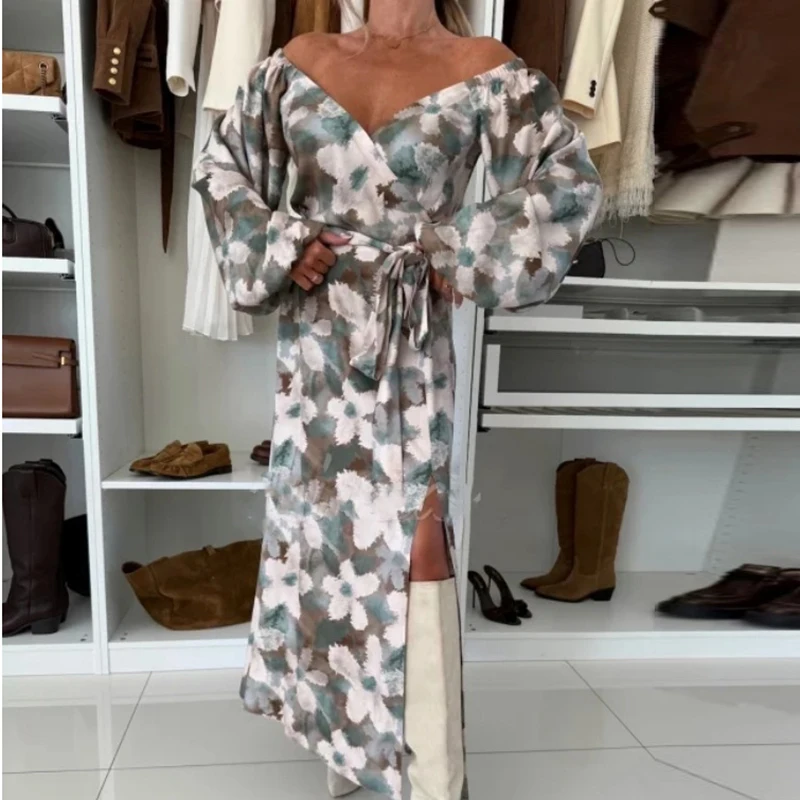 Vintage floral impresso manga longa vestido de festa sexy feminino com decote em v amarrar split boêmio vestido outono escritório casual maxi vestidos