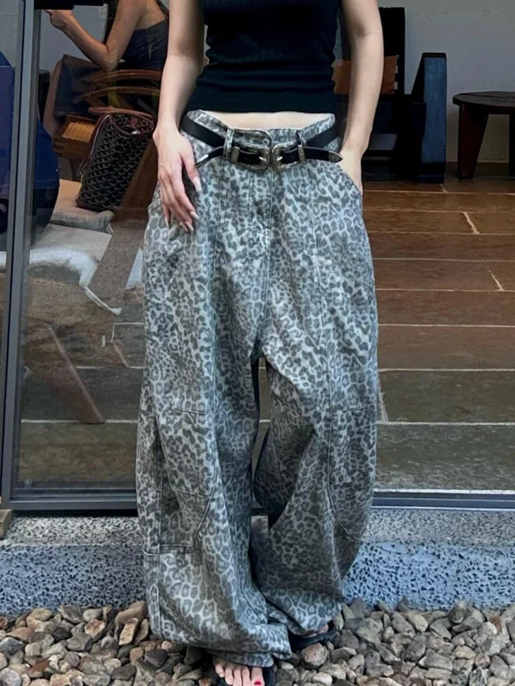 

Свободные джинсовые джинсы с высокой талией, женские модные ленивые брюки длиной до пола с леопардовым принтом, винтажные американские брюки в стиле ретро