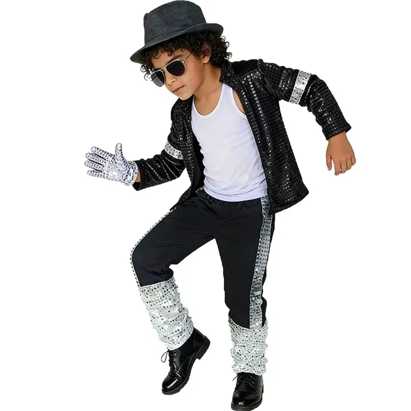 Retro-Popstar-Auftrittsanzug für Jungen, schwarz-silberne Paillettenkleidung, Komplettset, Kinder-Halloween-Maskerade-Hip-Hop-Partykostüm – Detail 5