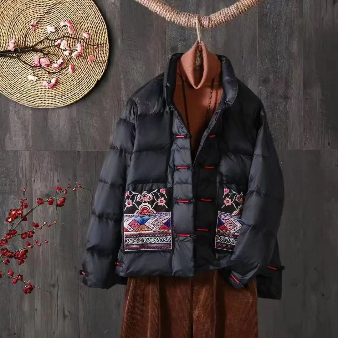 

Original Sle Embroidered Women's down Cotton Jaet Faionable Retro Button Design Warm Stand Collar Regular Length