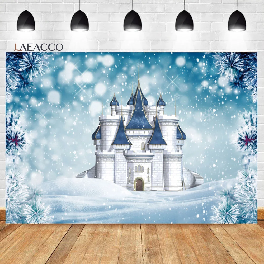 Laeacco Winter Castle Photography Backdrop Blue Ice Forest Wonderland Snow Mountian Pine Tree Kids Birthday Portrait Background