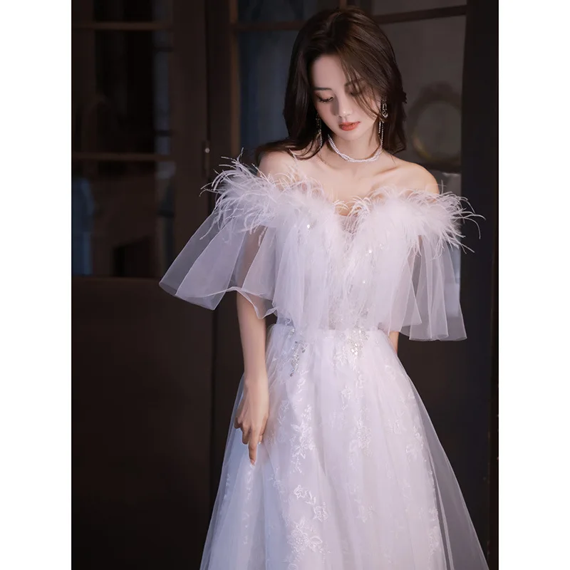 Sexy Off Shoulder Prom Sequins Evening Dresses Women White Feather Floor Length A-Line Tulle Party Gown robes de