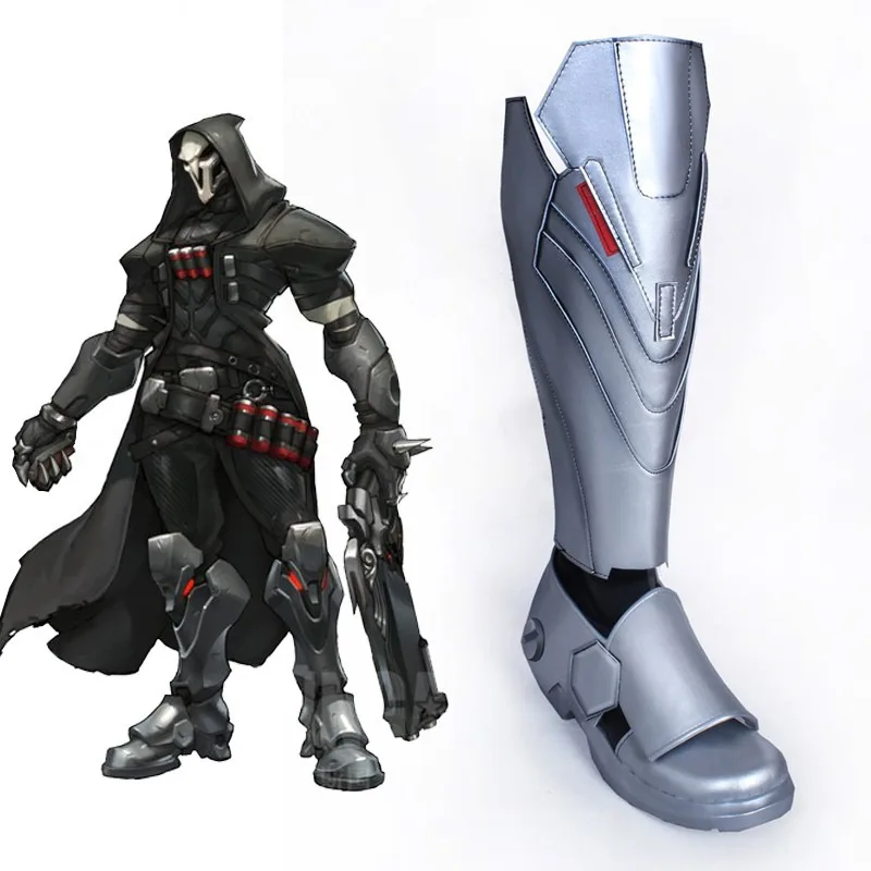 OW Reaper تأثيري أحذية هالوين كرنفال الأحذية أنيمي لعبة الملحقات بولي أحذية أحذية من الجلد تأثيري الدعائم الأحذية الفضية مخصص