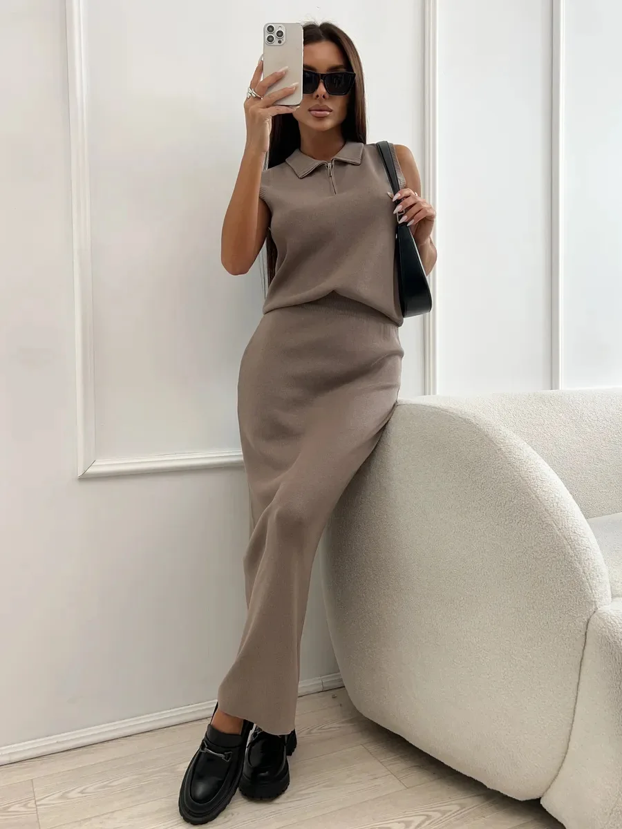 Pakaian Rok Rajut Solid Rompi Setengah Ritsleting Tanpa Lengan Wanita Musim Gugur + Rok Panjang Lutut Rajutan Pinggang Tinggi Set Dua Potong Musim Dingin