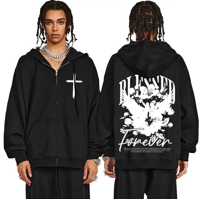 

Christian Jesus Blessed Forever Bible Verse Graphic Zip Up Hoodie Men Women Fashion Oversized Zipper Hoodies Male Casual Jacket