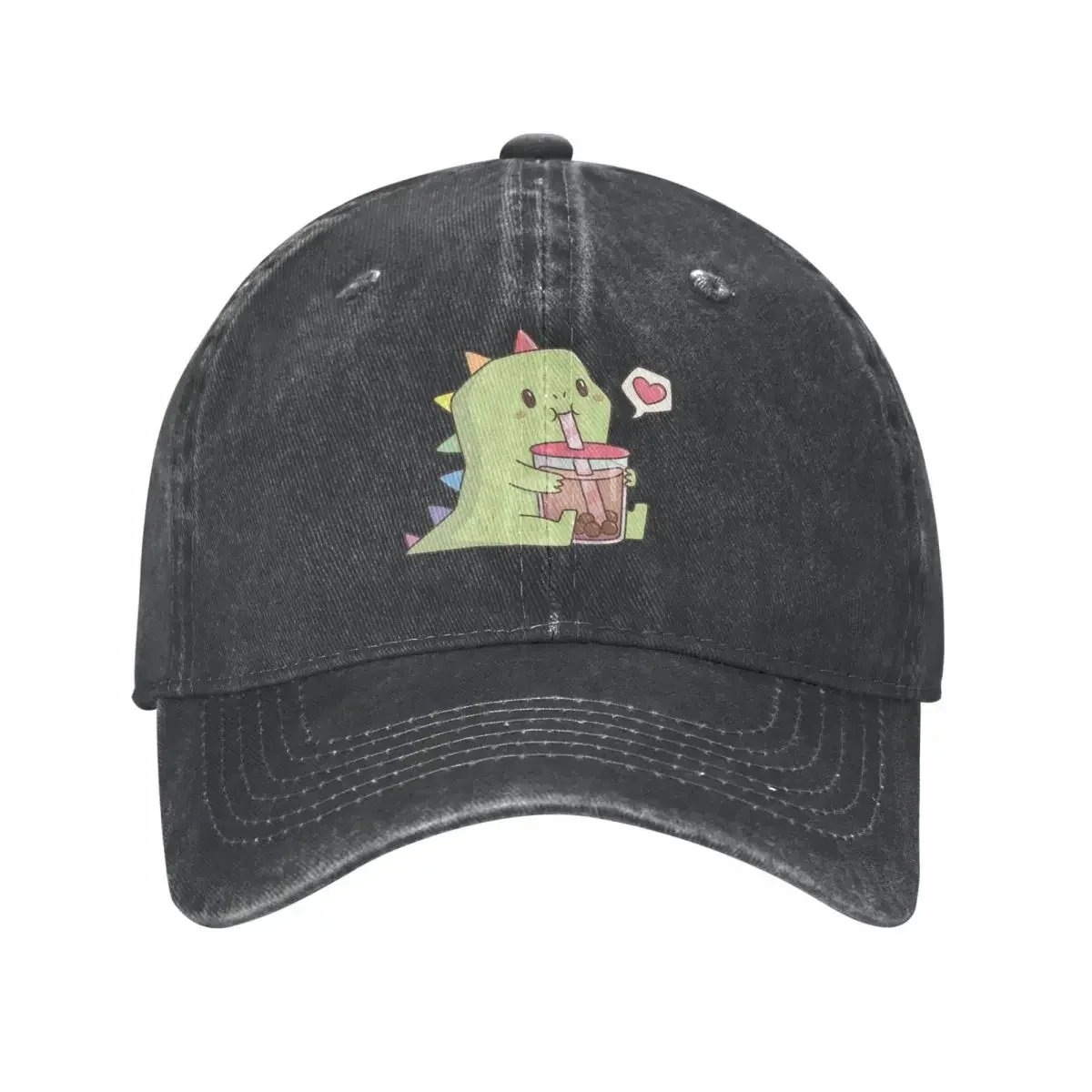 Cute Dino With Rainbow Spikes Loves Bubble Tea Baseball Caps Washed Damln Hats Adjustable Casquette Hip Hop Baseball Cowboy Hat