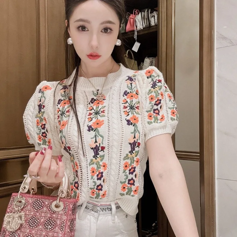 

Women's Summer Top Knitwear Embroidery Round Neck Pullover Sweet Long Sleeve Retro Comfortable Casual Design New Niche Skinny