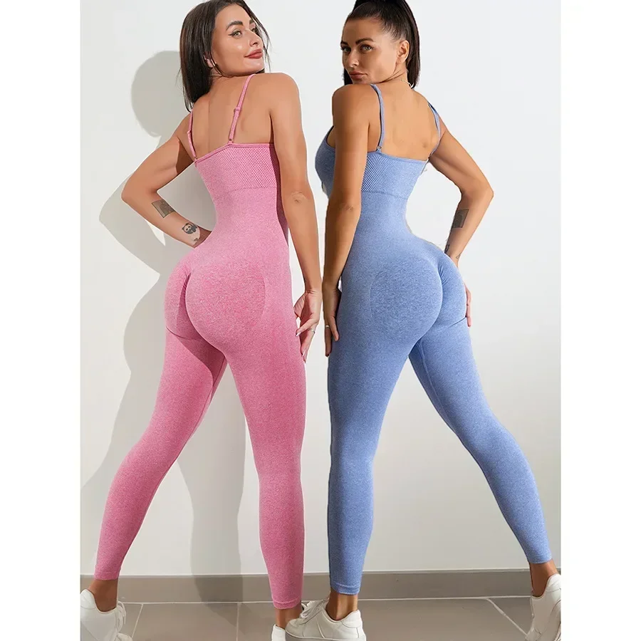 Jumpsuit Yoga tanpa kelim, jumpsuit olahraga Fitness Hip-Lift tali satu potong, Legging lari bodysuit latihan Gym baju olahraga untuk wanita