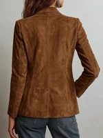 Élégante veste en daim marron pour femmes, vêtement d'extérieur tendance d'automne avec poches et boutons pour dames. 2