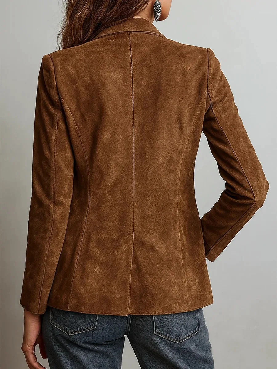 Elegant Brown Suede Women's Jacket Autumn Fashion Outerwear with Pockets And Buttons for Ladies
