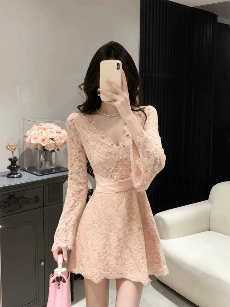 

XZY Soft Sle plus Size Women's Dr Pink Lace V-Ne A-Line ort Skirt Slimming Effect Winter Collection Faionable
