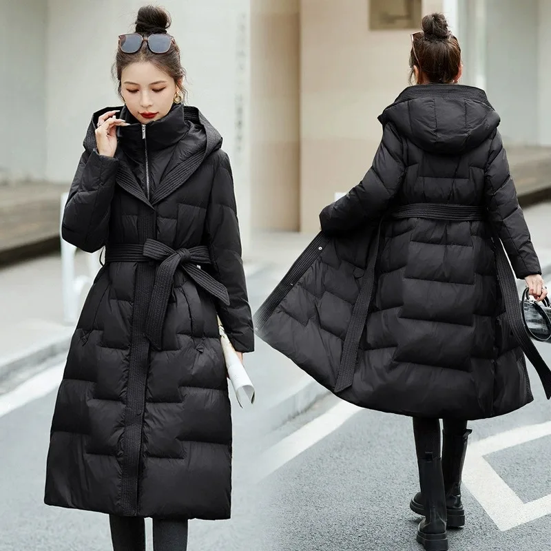 2023 Casual Winter Hooded White Duck Down Coat Women Long Warm Down Jackets Long Sleeve Zipper Streetwear Ladies Coat Solid