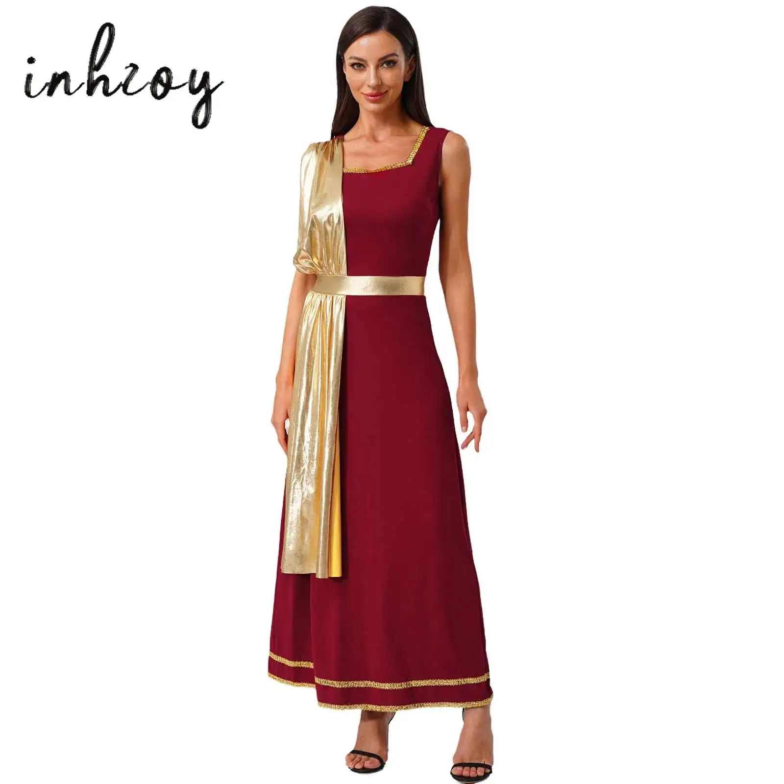 

Women's Ancient Greek Roman Tunic Dress Metallic Shiny Square Neck Sleeveless Robe Dress Halloween Princess Cosplay Toga Outfit