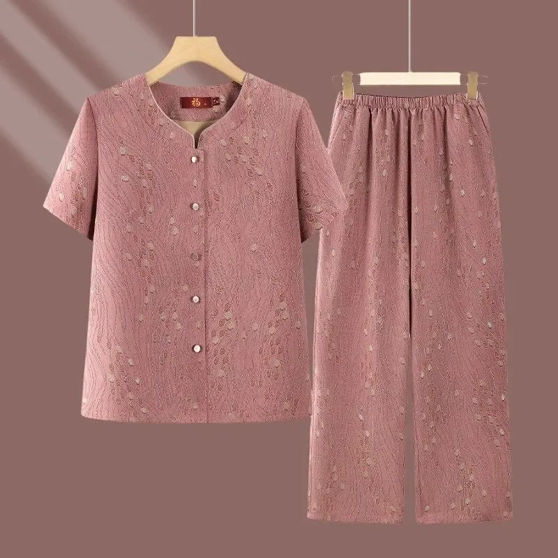 Elderly Women Summer Thin Short Sleeve Open Front Shirt and Straight Pants Two Piece Suit for Mom Grandma