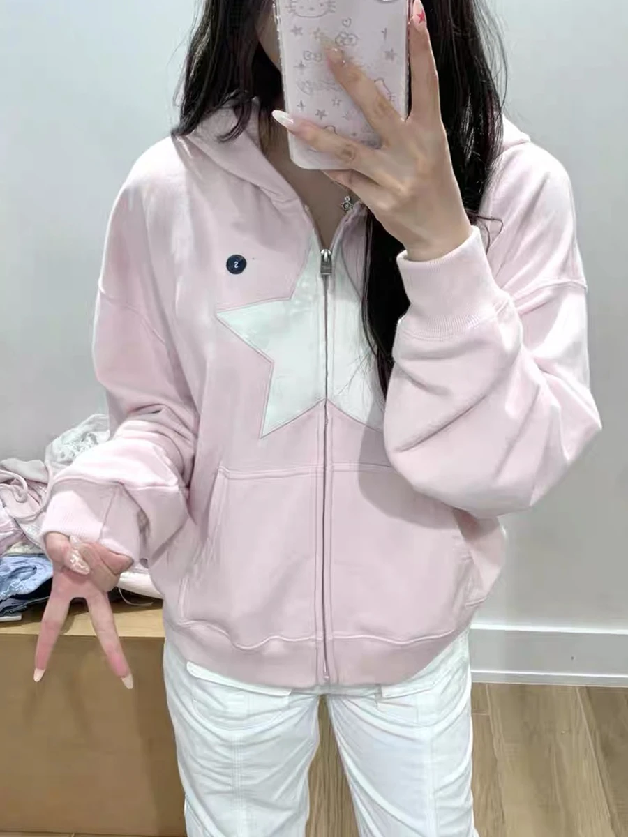 Sudadera con capucha y cremallera rosa con gráfico de estrellas para mujer, sudaderas con capucha de algodón de manga larga con bolsillo y cremallera, chaqueta holgada informal dulce para otoño