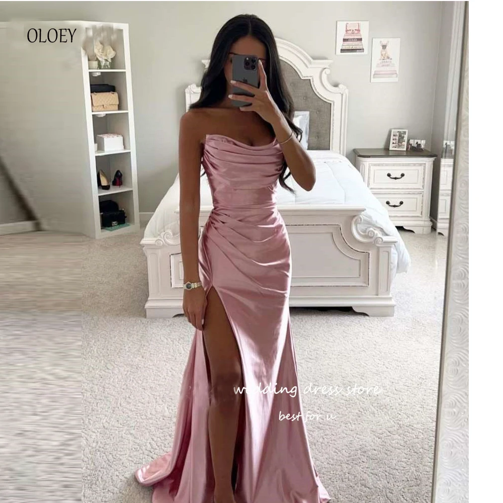 

OLOEY Simple Blush Pink Satin Prom Evening Dresses Sexy Strapless Pleats Split Party Dress Formal Gowns Robe de soiree Vestidos