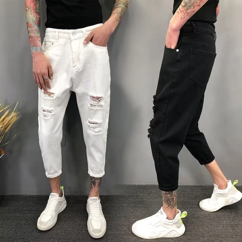 

Модные мужские рваные джинсы свободного кроя, летние, тонкие, в стиле Харадзюку, повседневные, дышащие, синие, из денима, со средней посадкой, на молнии