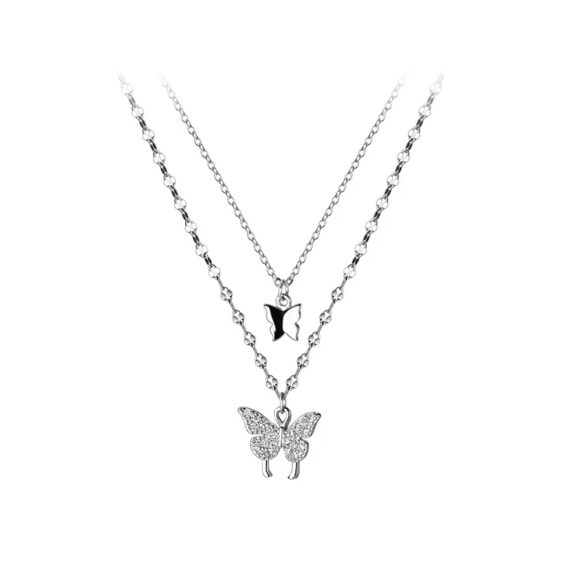 

Temperament S925 Silver Double Layer Butterfly Diamond Necklace Contracted Day to Fasten Sweet Girl Clavicle Chain