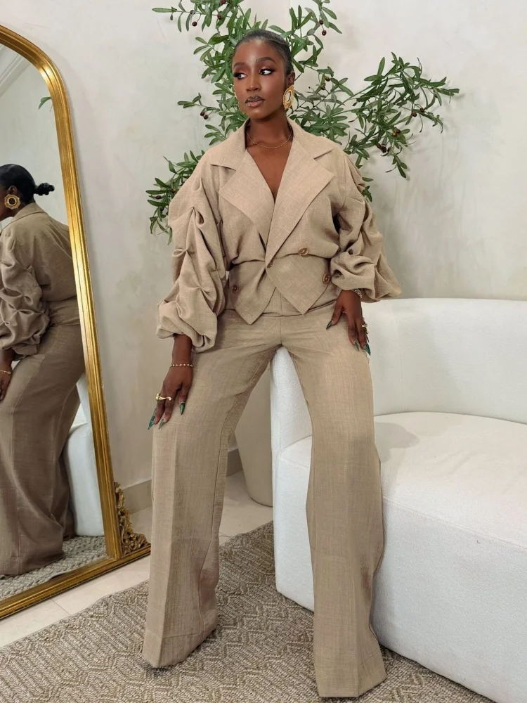 

Wmstar комплект из двух предметов, женские оптовые пары, повседневные брюки в европейском и американском стиле с большими лацканами, плиссированные рукава, 2025 г.