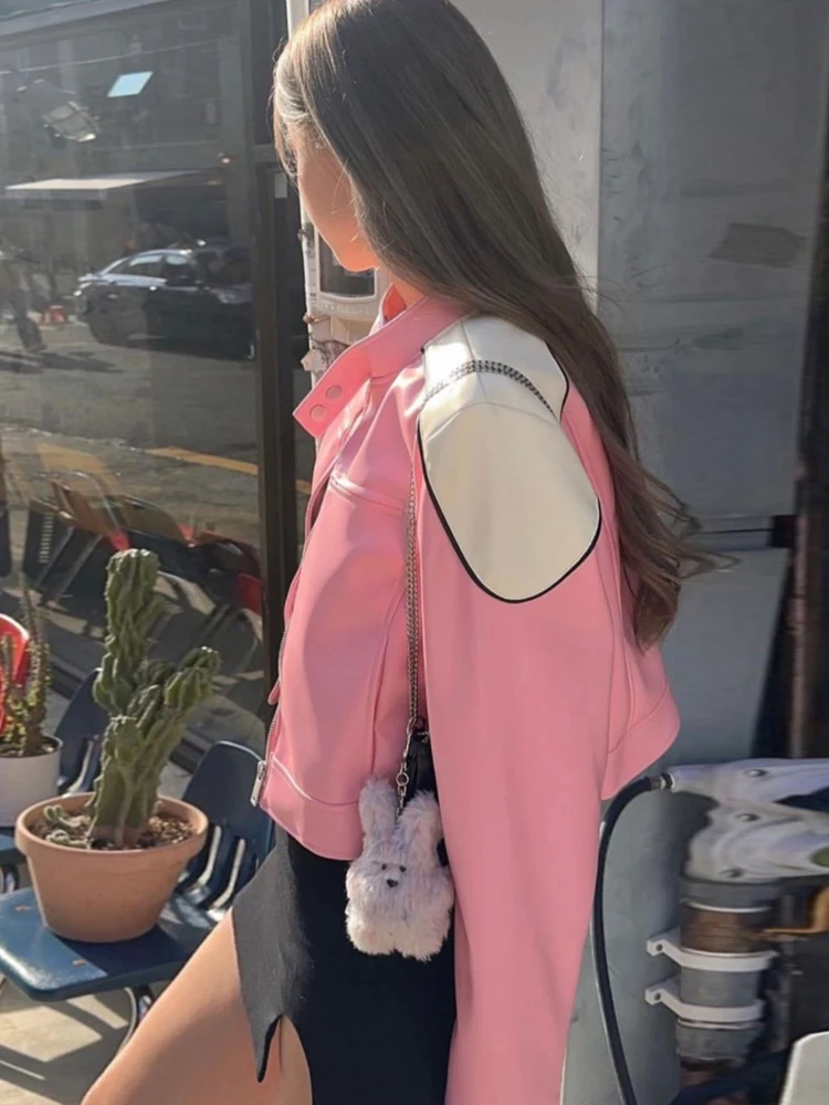 Słodki, stylowy, różowy skórzany płaszcz motocyklowy Jaet dla kobiet, pikantny, jesienny/zimowy nowy model w małych rozmiarach z ekoskóry PU...