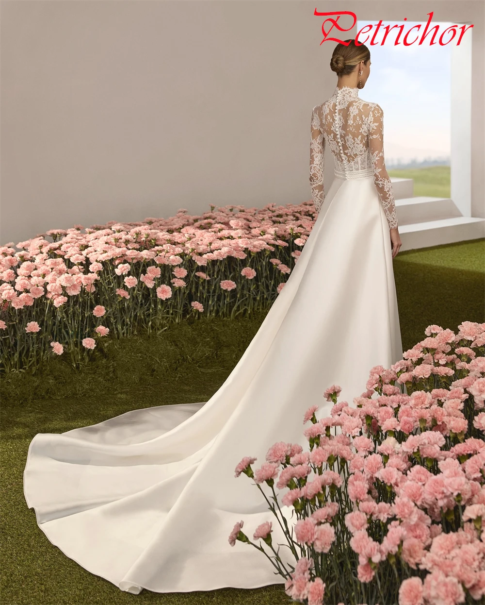 فستان زفاف من الساتان الأبيض حالم مخصص أنيق برقبة دائرية وأكمام طويلة زي العرائس بوهو على شكل حرف a ذيل محكمة فيستدو دي نوفيا