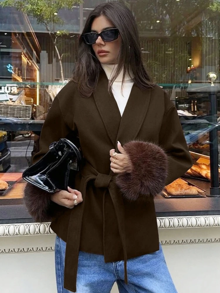 

Женское пальто из меховой шерсти Tossy, однотонное элегантное теплое свободное лоскутное пальто на шнуровке, пушистая искусственная женская верхняя одежда