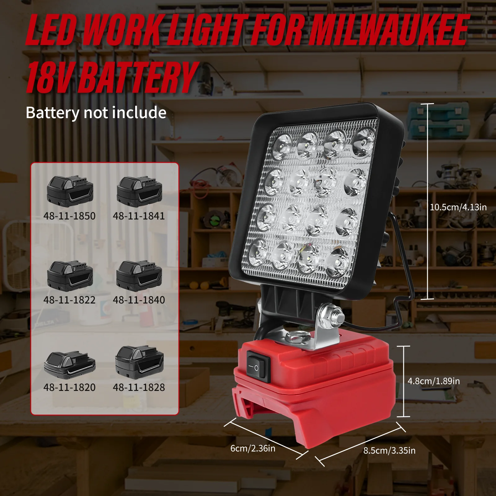 Luz de trabajo LED inalámbrica 27W 1400LM linterna reflector para exteriores con puerto USB dual para batería Milwaukee de 18V (sin batería)