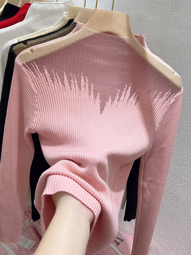 European Pink Sweater Women\'s Standing Neck Pullover Sexy Perspective Mesh Splice Knitted Bottom Shirt Autumn/Winter Top