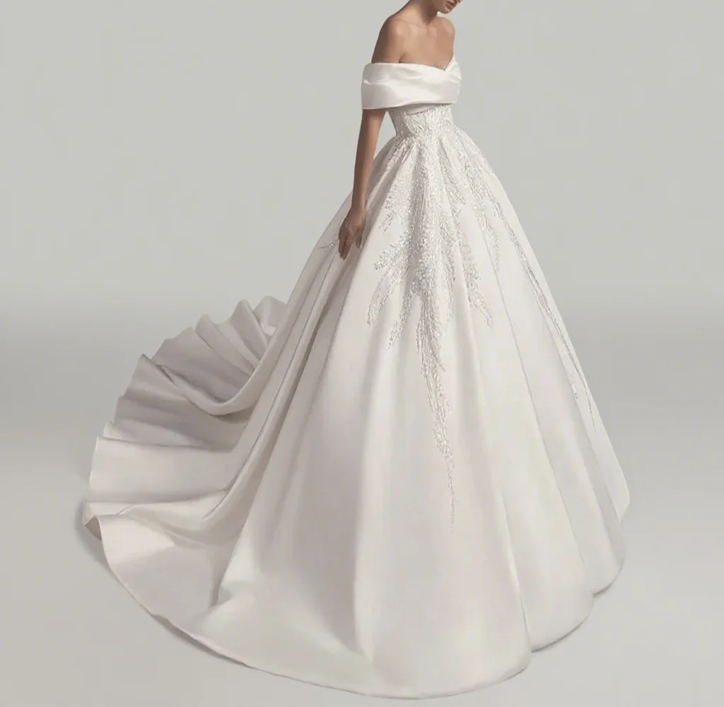 

Elegant Off Shoulder Wedding Dress Satin Beading A-Line Court Train Princess Bride Gown Vestido De Noival Customized