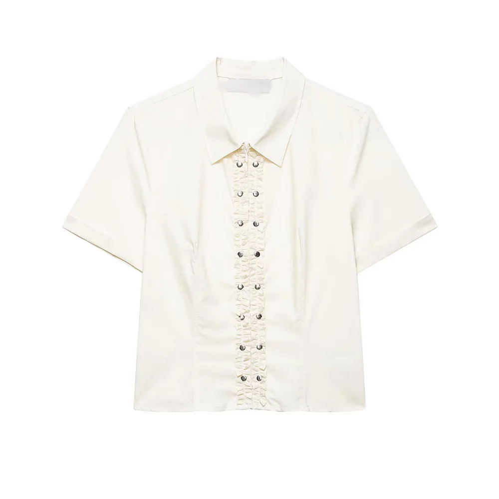 

WOMAN 2026 Summer New Fashionable Casual Studded Laminated Shirt Retro Versatile Women's Shirt Chic Top Blouses Mujer