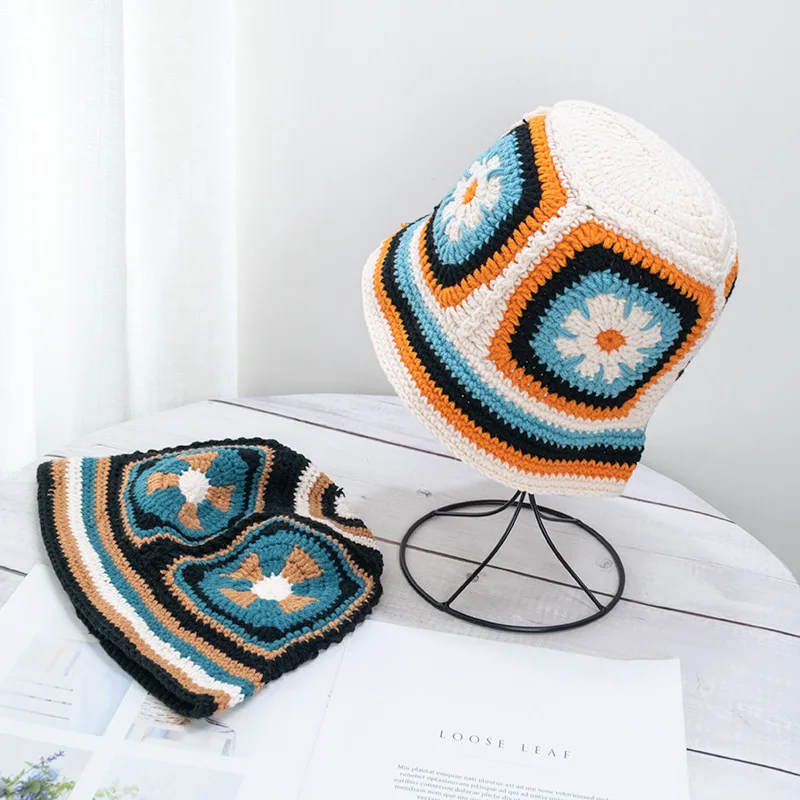 New Autumn Winter Japanese Vintage Cutout Flower Handmade Knitted Pot Hat Women\'s Sweet and Versatile Woolen Hat Bucket Hat