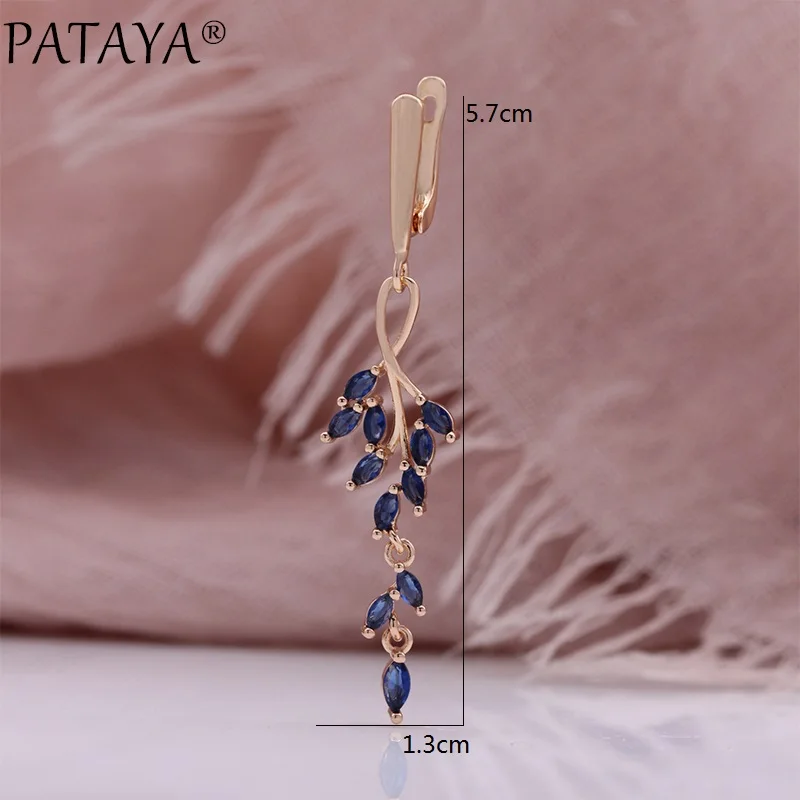 PATAYA Hot Long Leaf Drop Earrings for Women 585 Rose Gold Color With Shiny Blue Natural Zircon Accessories Vintage Daily Fine